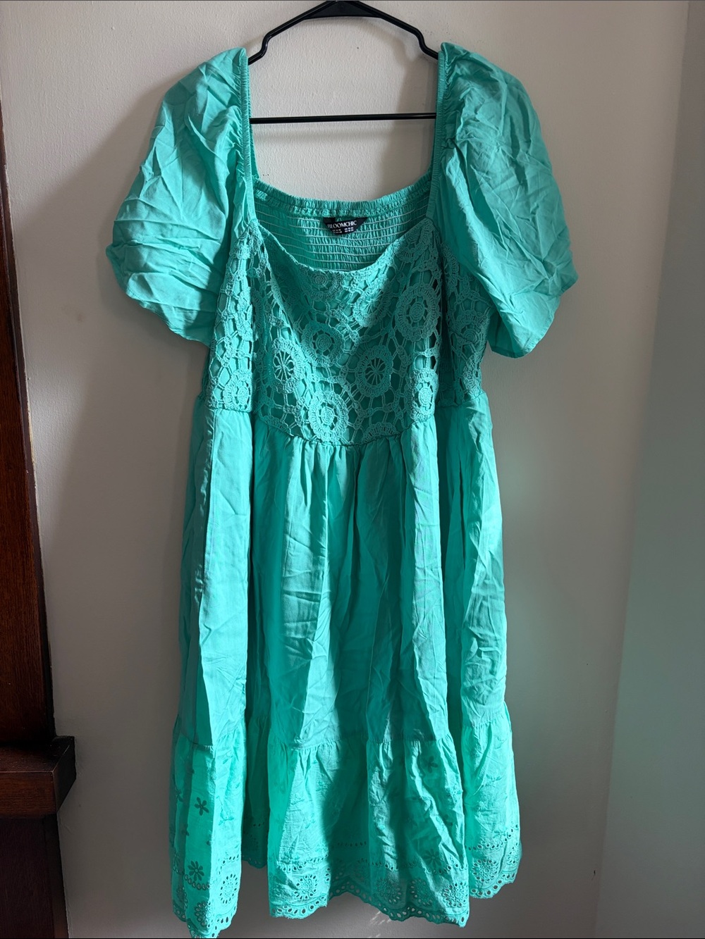 BloomChic Aqua Crochet Puff Sleeve Midi Dress